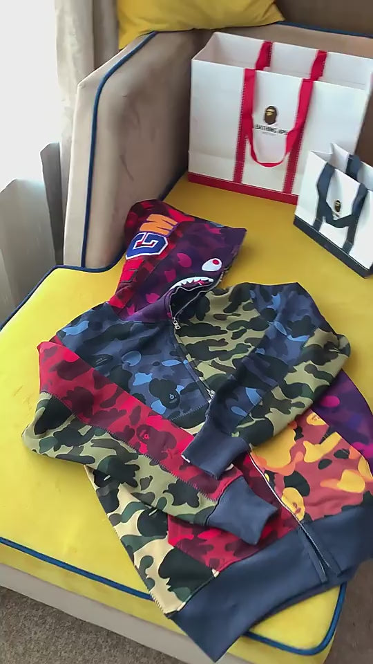 Showing the quality of Bape hoodies, with labels, Ape head logo, and packaging